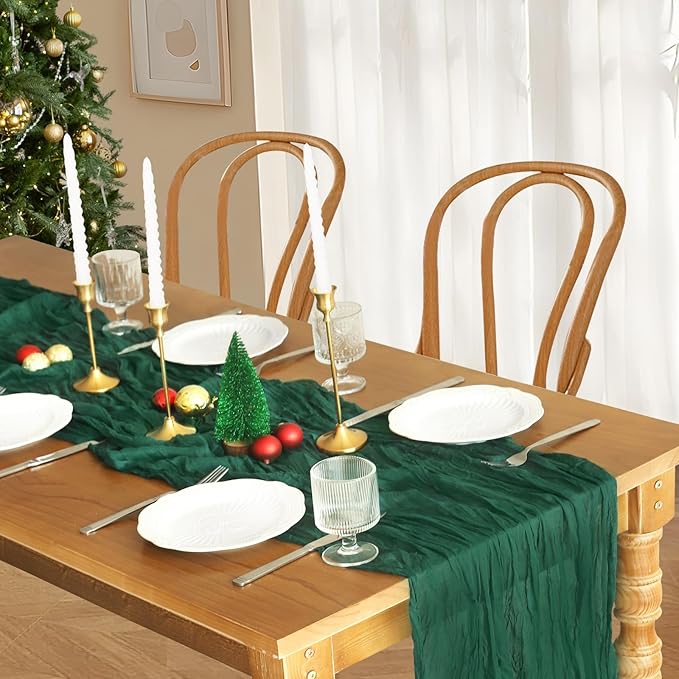 Christmas Table Runner, 10FT Cheesecloth Emerald Green Table Runners 35*120inch Rustic Vintage Table Runner for Christmas Indoor Home Kitchen Table Party Decorations