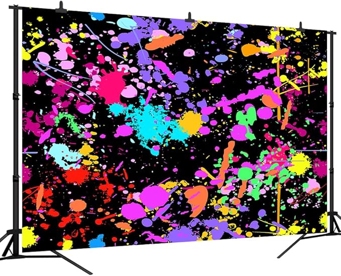 15x8Ft Neno Glow in The Dark Birthday Backdrops Colorful Graffiti Splash Paint Party Background Slime Happy Birthday Black Light Sleppover Party Decorations Birthday Banner