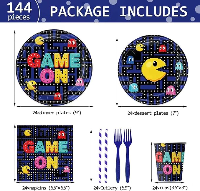 Game on Maze Themed Party Decorations Supplies Retro Arcade Game Themed Party Tableware Set Include Plates, Cups, Napkins,Cutlery and Straw for Birthday Party Decorations Serves 24