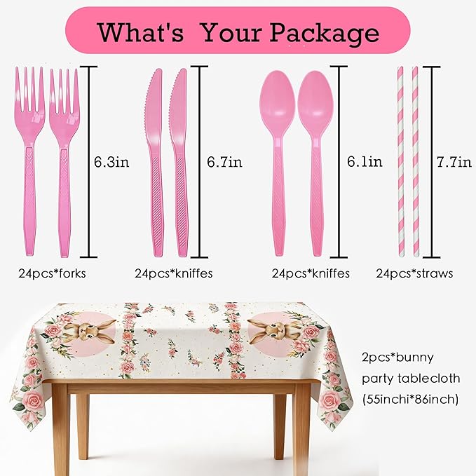 Bunny Birthday Decorations Tableware, Bunny Party Supplies, Paper Plate, Cup, Napkin, Tablecloth, Cutlery, Rabbit Bunny Party Decorations For Easter 1st 2nd Birthday, Serves 24