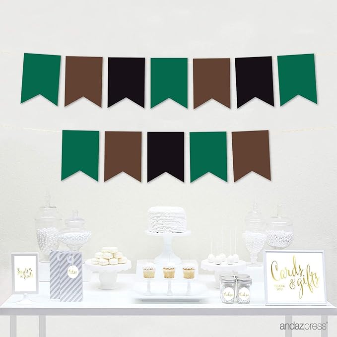 Andaz Press Hanging Pennant Banner with String, Emerald Green, Brown, Black, 1-Set, 24 Pennants, Approx. 12-Feet Long, Camouflage Woodland Theme Colored Supplies