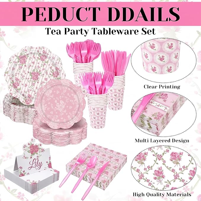 Shellwei 410 Pcs Tea Party Supplies Elegant Floral Paper Plates and Napkins Set Disposable Party Tableware Sets with Cups Knives Forks Spoons Seat Card Favors for 50 Guests