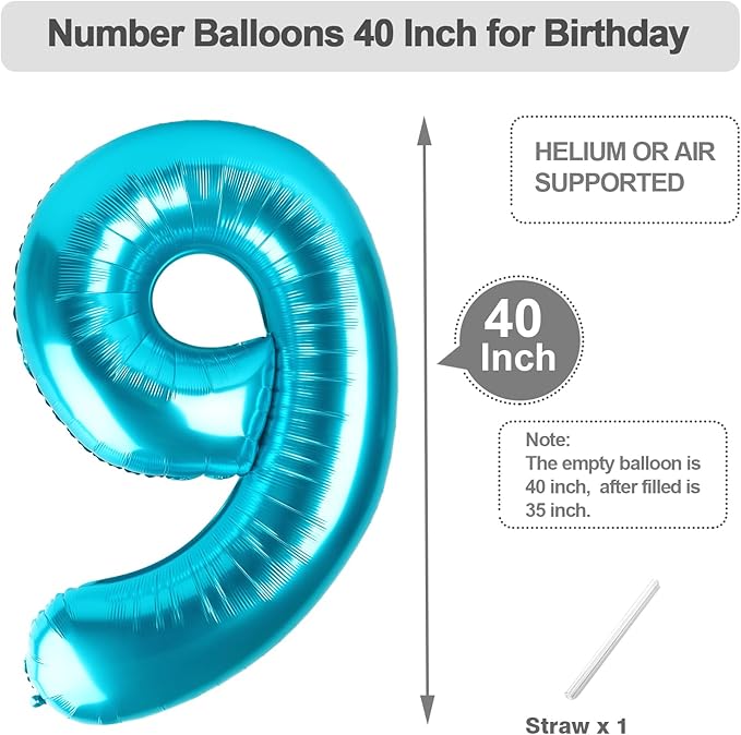 Light Blue Balloons Numbers 9, Big 40 Inch Happy 9 19 29 90 Birthday for Men And Women, Foil Balloons Decoratins for Wedding Anniversary, Single, New Year, Halloween Party Syupplies