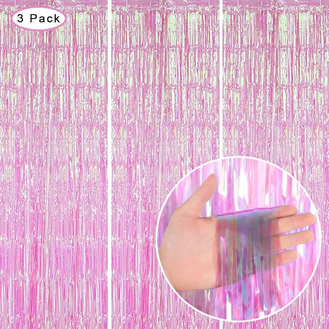 BEAYFILY 3 Pack Fringe Curtains Party Decorations,Tinsel Backdrop Curtains for Parties,Photo Booth Wedding Graduations Birthday Christmas Event Party Supplies (Rainbow Pink)