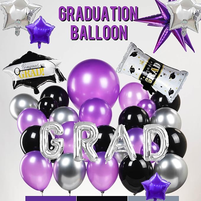 Black dark purple and Silver Balloon Garland Arch Kit 130Pcs with dark purple and Silver Stars, Graduation Certificate Graduation Cap GRAD Letters Mylar Balloons for 2025 kpop Prom Decorations