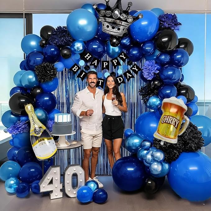Blue Black Balloon Garland Double Stuffed Dark Royal Navy Blue Balloons Fringe Curtains, Foil Balloons, Birthday Banner Decorations for Men Birthday Baby Shower Father's Day Graduation Party Supplies