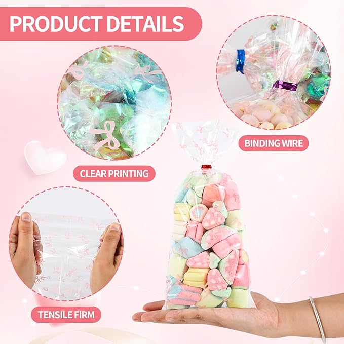 Docvania Cello Cellophane Treat Gift Bags Pink bow Cookie Bags 100 pcs 4 X 9 Goodie Bag with Ties for Mother's Day, Valentine's Day and Parties, Weddings