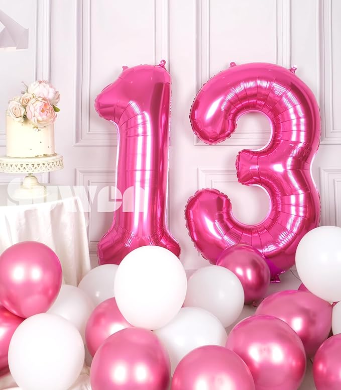 SUWEN 40 Inch Hot Pink Large 13 Number Balloons Big Foil Helium Number Balloons 0-9 Jumbo Happy 13th Mylar Birthday Party Decorations for Girl or Women 31 Anniversary Party Supplies