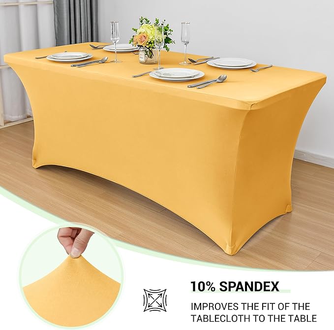 Obstal 6ft Stretch Spandex Table Cover for Standard Folding Tables - Universal Rectangular Fitted Tablecloth Protector for Wedding, Banquet and Party, 72L x 30W x 30H Inches, Gold, 2pc