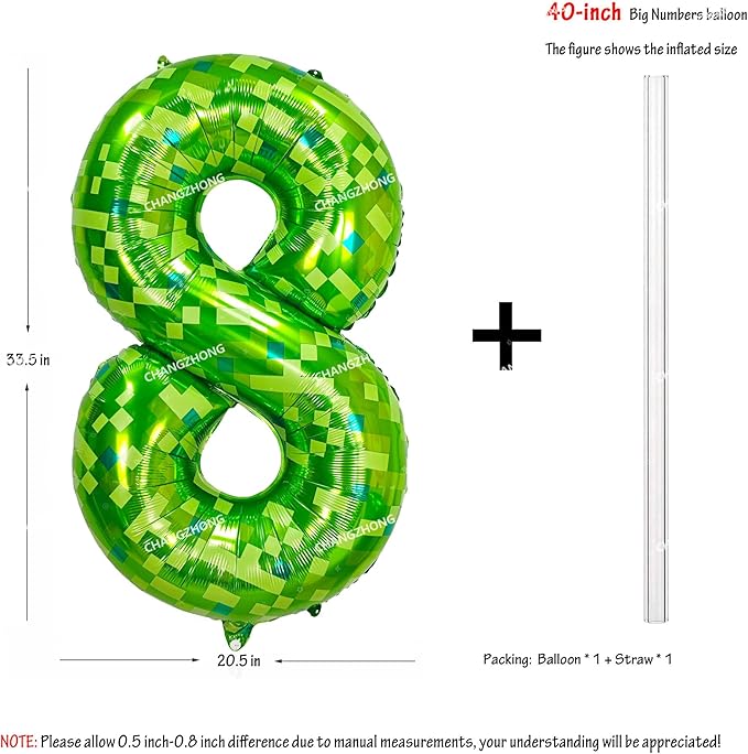 40 inch giant Green pixel miner game number 8 balloon Large mining theme foil balloon 0-9 Suitable for pixel game parties children's birthdays party anniversary celebrations baby shower decoration