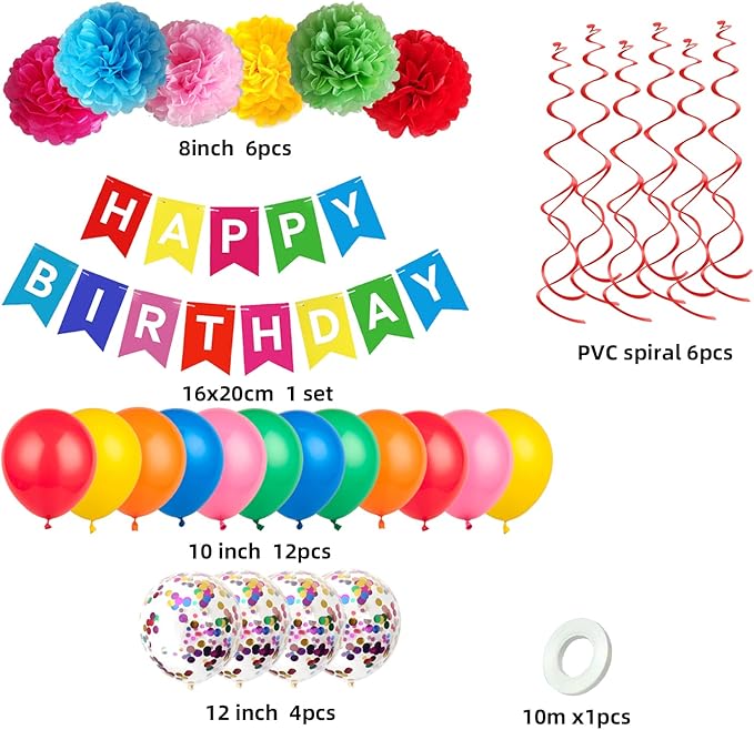 Colorful Birthday Party Decorations Kit - Happy Birthday Banner, Spiral Charm，Paper Flower Ball, Multicolor Latex Balloon and Colorful Confetti Balloons for Boys and Girls