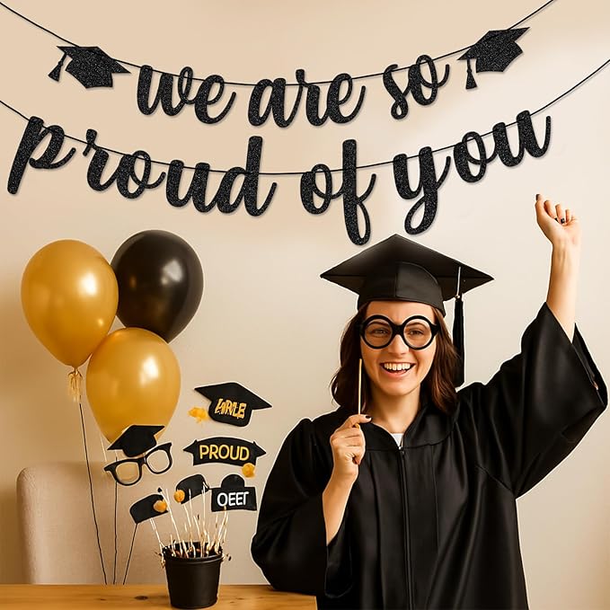 We Are So Proud of You Banner – Black Glitter Graduation Decorations 2026, Pre-Strung Congrats Grad Banner for College, High School, Senior Party, No Assembly Required, Class of 2026 Decor