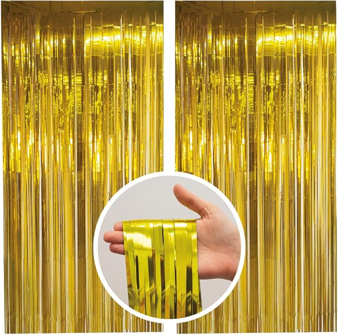 Pack of 2 Gold Foil Fringe Curtains – Gold Tinsel Backdrop for Photo Booth, Birthday, Wedding, Baby Shower, Bachelorette, Christmas & Holiday Party Decorations