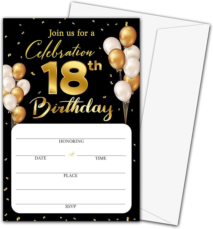 18th Birthday Invitation Cards with Envelopes - Classic Gold Theme Fill in The Blank Birthday Party Invite Cards, for Man, Woman Young People Banquet Party Supplies, 20 Invites With Envelopes - B7