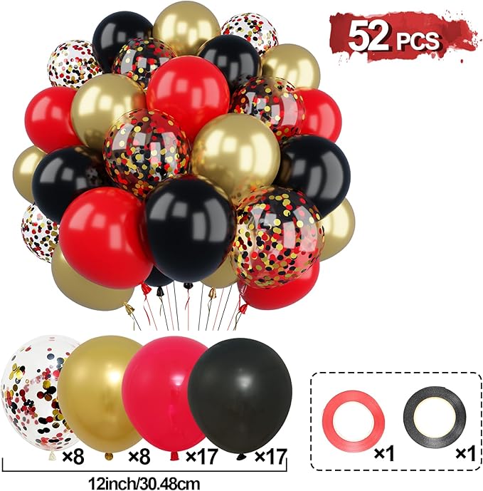 Patimate Red Black Gold Balloons Set, 50Pcs 12 Inch Red Black Metallic Gold Latex Balloon and Confetti Balloon for Casino Theme Party Birthday Graduation New Year Wedding Anniversary Party Decorations