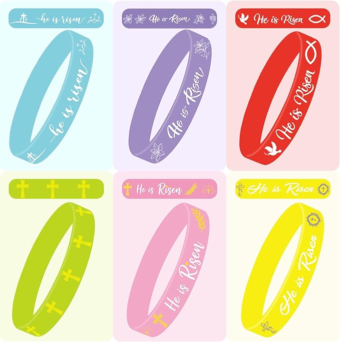 JUNEBRUSHS 42 Pcs He Is Risen Bracelets, 6 Styles of Easter Religious Silicone Wristbands Christian Easter Wristbands for Church Events Celebrations
