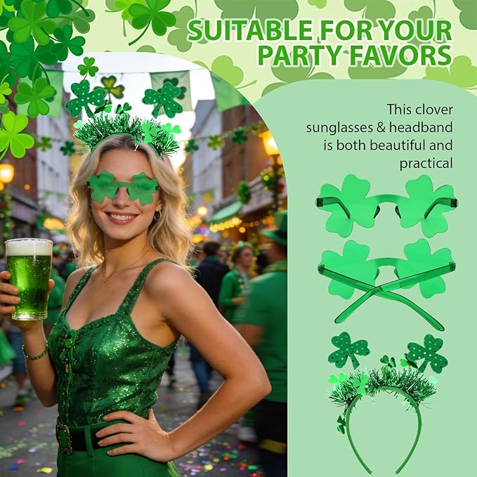 Semato St. Patrick’s Day Headband with Green Clover Sunglasses for St. Patrick’s Day Accessories Shamrock Irish Carnival Party Favors