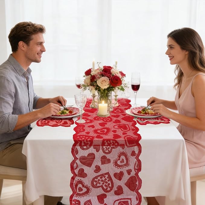 5Pack Valentines Day Decorations Valentine's Day Table Runner Red Heart Lace Table Runner for Valentines Day Decor Anniversary Engagement Wedding Home Table Romantic Decorations 13x72