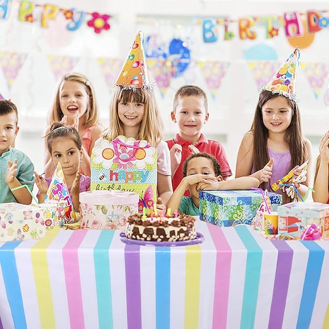 Kesfey 3 Packs Rainbow Striped Table Cloth 54 x 108 Inches Pastel Rainbow Party Table Covers Disposable Plastic Ice Cream Pastel Tablecloths Waterproof Rectangle Birthday Tablecover for Baby Shower