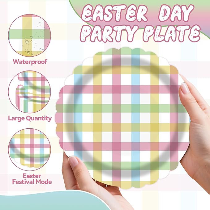 50PCS Easter Gingham Party Supplies - 7Inch Colorful Buffalo Plaid Scalloped Paper Plates and Napkins Set Disposable Dinner Cutlery for Easter Baby Shower Birthday Party, Serve 25