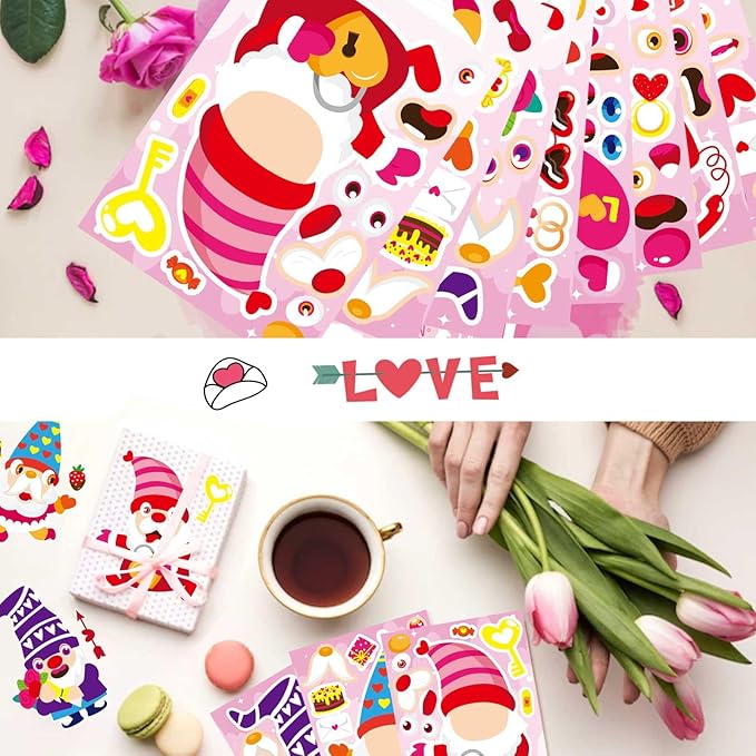 24 Sheets Valentine Stickers for Kids Make a face Sticker, Valentines Day Stickers Make Your Own Valentine Gnome Stickers Valentine' s Day Themed Party Favors Supplies