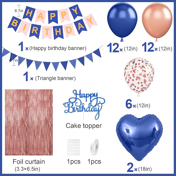 Navy Blue Rose Gold Birthday Decorations,Happy Birthday Banner Fringe Curtain Heart Foil Balloons for Women Girl Boys Men