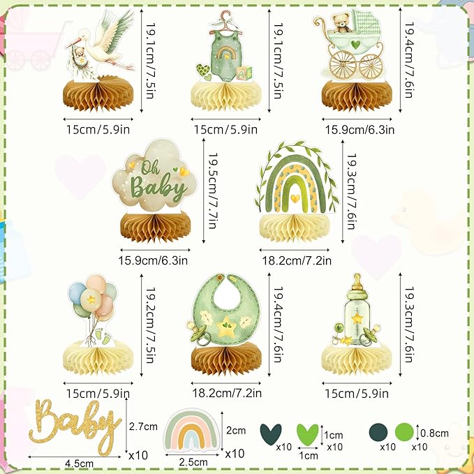 8Pcs Bear Baby Shower Decorations Honeycomb Centerpieces for Boy, Confetti Baby Shower Table Decorations Birthday Party Table Centerpieces Toppers Party Decor (Green)