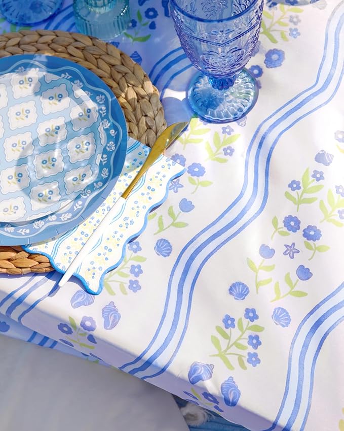 xo, Fetti Coastal Tablecloth, White + Blue | 9' x 4.5' | Bachelorette Tablescape, Dinner Party Setting, Beach Birthday Decoration, Cute Tablecover, Floral Table Decor