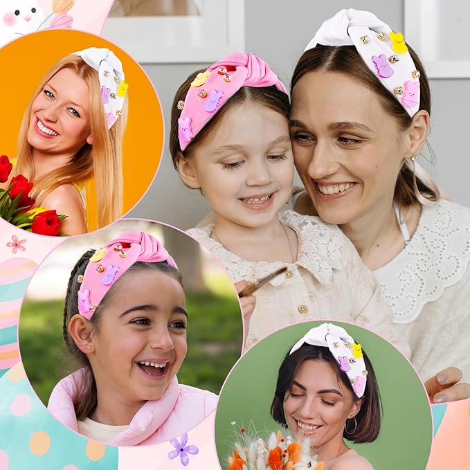Easter Bunny Headbands for Women, Easters Outfits for Girls Rhinestone Jeweled Rabbit Ears Knotted Headband, Easter Basket Stuffers, Spring Party Favor Gift Peeps Hair Accessories (Pink)