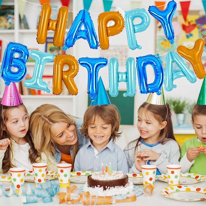 TONIFUL Happy Birthday Balloons Banner with Ribbon Straw, 16 Inch Mylar Letters Birthday Sign Banner Balloon Bunting Reusable for Girls Boys Kids & Adults Birthday Halloween Supplies（Blue Orange）