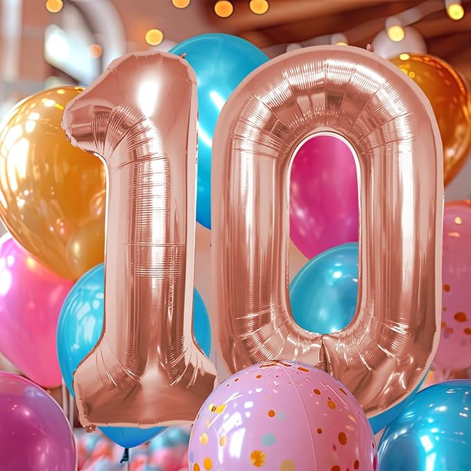 40 Inch Number Celebration and Decoration Balloon for Birthday Parties, Graduations, Anniversaries, Weddings, Photo Shoots, Special Events - Helium Foil Mylar (Rose Gold Number 10)