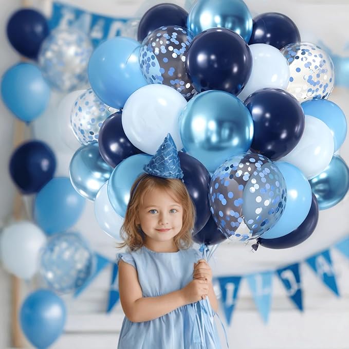 Blue Confetic Balloons Set,50 Pcs 12 Inch Navy Light Metallic Blue Balloon Kit Pastel Pale Blue Latex Balloon with Ribbon for Birthday Wedding Graduation Anniversary Party Decorations