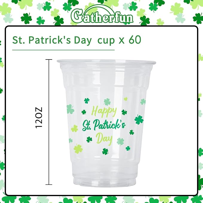 St. Patrick's Day Celebration Pack - 60 Pcs 12oz Irish Themed Plastic Cups with Lucky Shamrock Design, Disposable for Easy Clean-Up, Ideal for Party Supplies & Favors,Irish Party Decorations