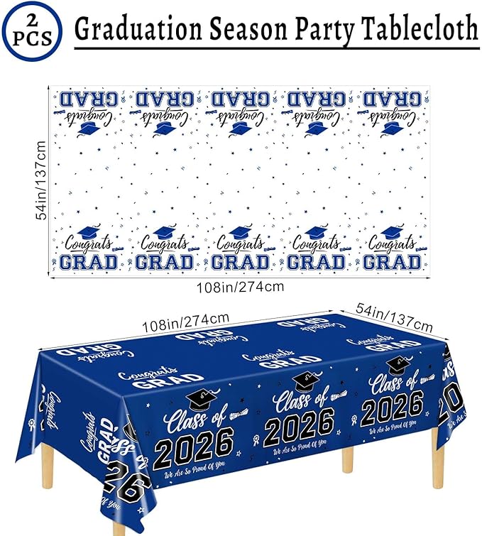 Oigco 2026 Graduation Decorations, 2 Pack Blue Graduation Tablecloths Class of 2026, Congrats Grad Plastic Rectangle Table Cloths for Graduation Party Decorations, 54 x 108 Inch