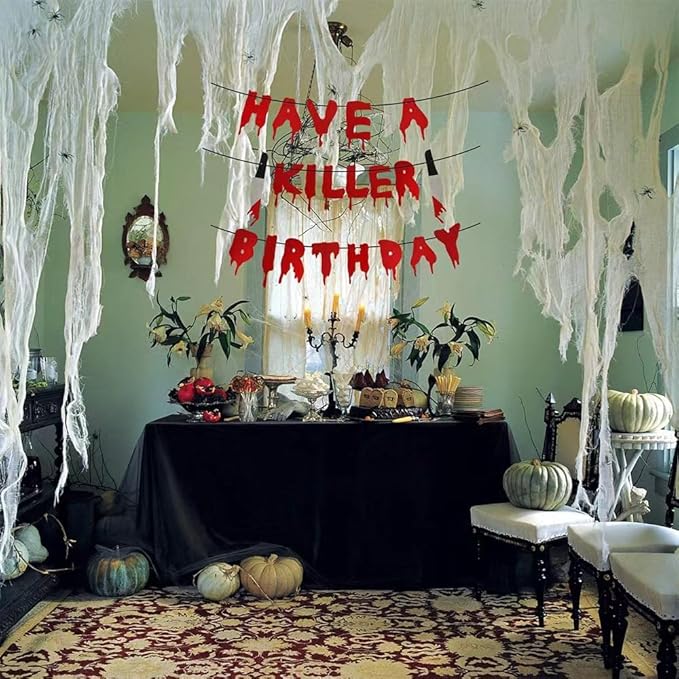 Spooky Party Decorations Set Banner + Night Glow Eye Stickers + Blood Footprint Handprint Floor Clings Decals + Ghost Shadow Toilet Sticker for Halloween Zombie Vampire Party