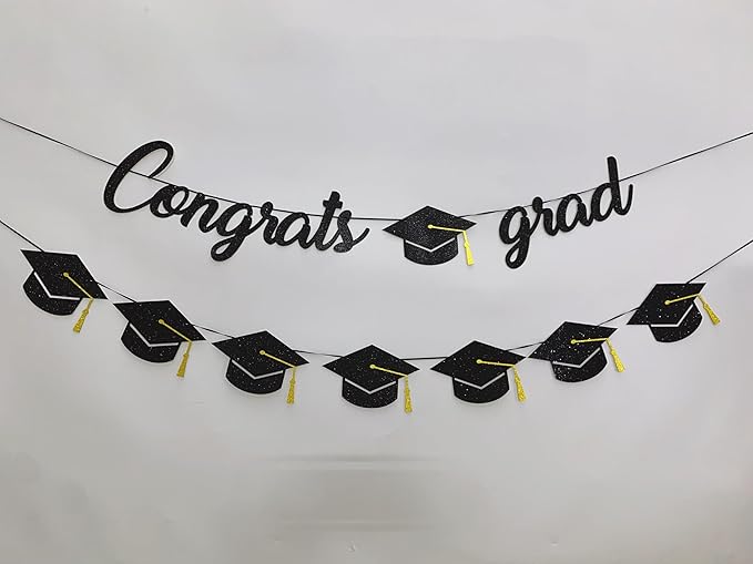 Graduation Decorations Class of 2026 Party Supplies - Congrats Grad Banner and Graduation Cap Banner (Pre-Strung)