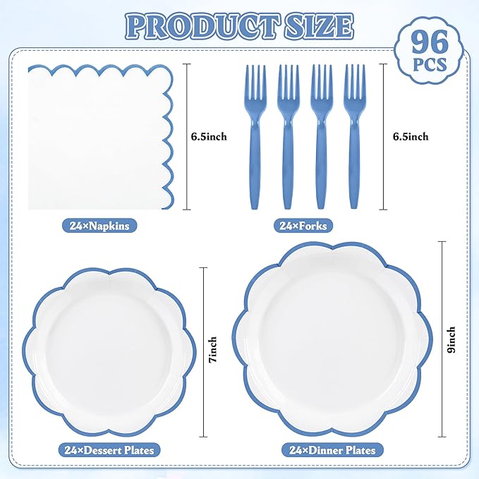 96 Pcs Blue and White Paper Plates and Napkins Set, Tableware set for 24 Guest include White Dessert Plates with Blue Scalloped Edge, Napkins and Forks for Baby Boy Shower, Bridal Shower, Wedding