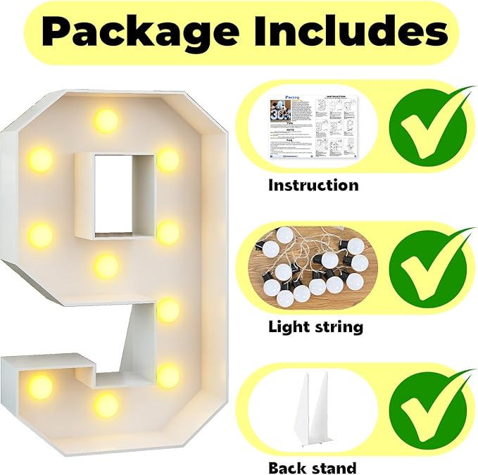Marquee 4ft Numbers with Light up Number 9 White Mosaic Frame Slots-in Letter 9 for 9th Birthday Party Decorations Pre-Cut Cardboard Large Giant Cut-Out Thick Foam Board Sign Anniversary