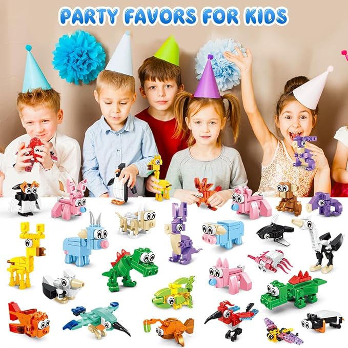 HOGOKIDS 20 Packs Party Favors for Kids, 60 Kinds of Mini Animals Toy Building Block Set for Easter Valentines Day Classroom Prizes Goodie Bag Stuffers Birthday Gifts for Boys Girls Ages 6-12+