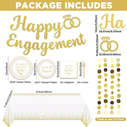 100PCS Engagement Party Decorations She Said Yes Paper Plates Napkins Wedding Tablecloth Glitter Happy Engagement Banner Golden Streamers Garland for Bachelorette Bridal Shower Supplies for 24 Guests