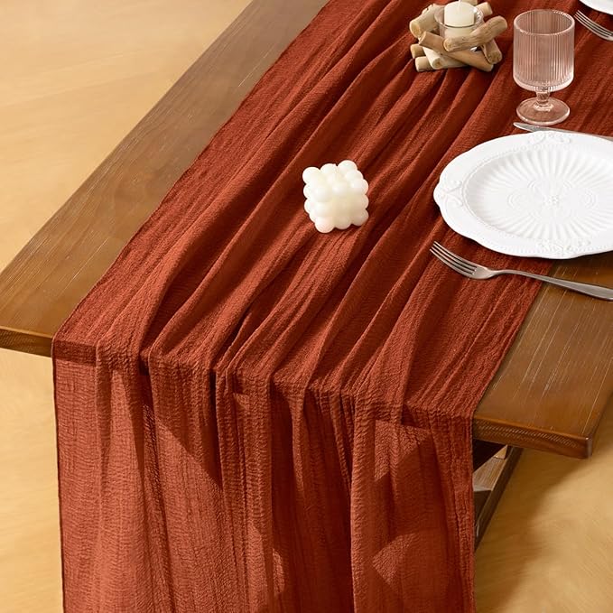 Socomi 3pcs Terracotta Cheesecloth Table Runner Easter Spring Gauze 120 Inch Rustic Boho Cheese Cloth Runner for Wedding Party Baby Bridal Shower Centerpiece Decoration