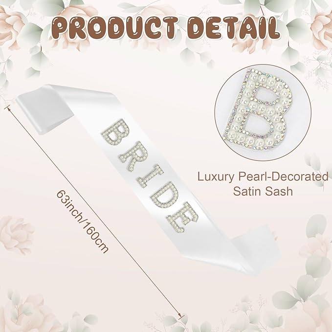 Pearl Bride Sash & Headband with Veil for Bachelorette Party, 2Pcs Pearl Veil and Sash Set for Women, Bach Party Favors Accessories for Wedding Bridal Showers Engagement Party Supplies