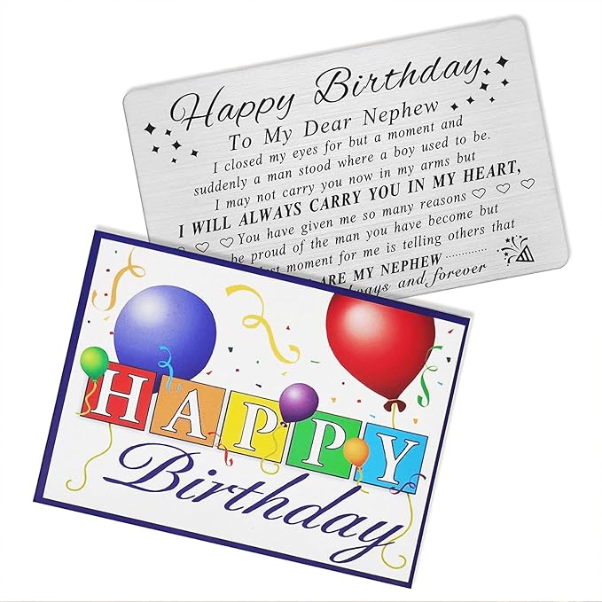 DEGASKEN Birthday Card for Nephew Adult - Nephew Birthday Card from Aunt - Happy Birthday Gifts for Nephews, Special Metal Engraved Wallet Cards