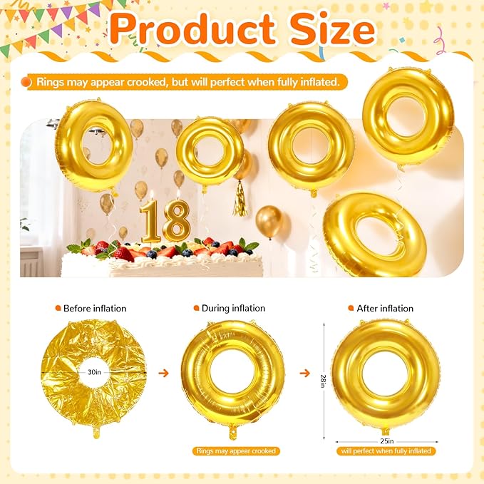 6 Pack 30" Gold Ring Balloons for Cartoon Characters Themed Party Decor, Hedgehog Theme Birthday & Anniversary Backdrop, Shiny Foil Balloons with Ribbons & Fishing Line