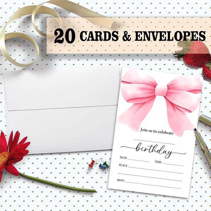 Pink Bow Birthday Invitation Cards For Girls Adult Teens, Birthday Party Supplies Favors, 20 Fill-In Invitation Cards with Envelopes -03