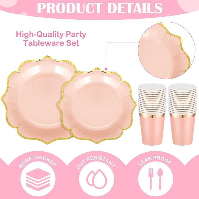 Yaomiao 168 Pcs Pastel Scalloped Paper Plates Cups Napkin with Gold Foil Pastel Party Disposable Dinnerware Set Easter Party Supplies Serve 24 Guests Macaron Princess Birthday Baby Shower Decorations