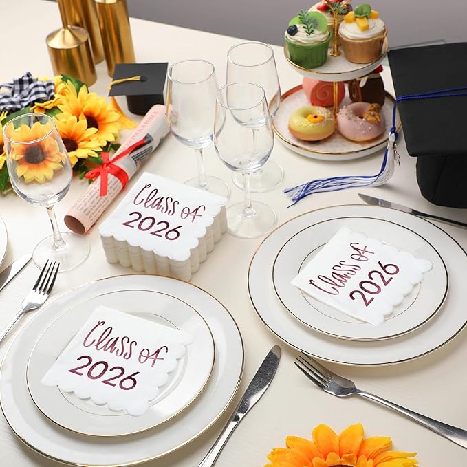 100 Pcs Class of 2026 Graduation Cocktail Napkins 5 x 5 Inch Congrats Grad Scalloped Paper Napkins for Dinner Beverage Graduate Decorations(Dark Red)