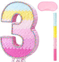 WERNNSAI Pink Sweet Three Piñata - Number 3 Piñata Happy Birthday Decoration Pink Rainbow Design Party Games for Girl Princess Baby Shower Party Favor with Blindfold Anniversary Celebration Supplies