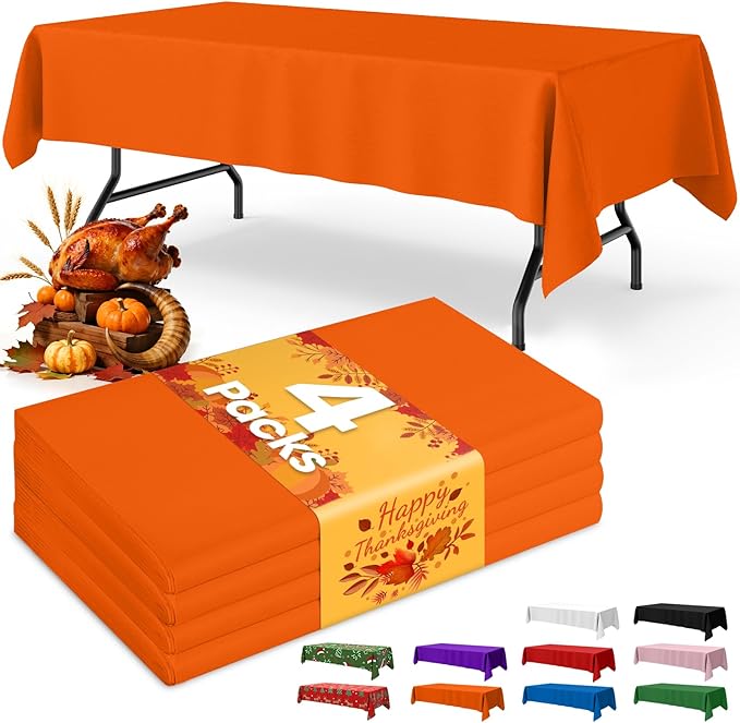 Orange Plastic Table Cloth - 4 Pack 54" × 108" Rectangle Disposable Tablecloths for 6FT Tables, Table Cover for Party, Holiday & Gathering Use