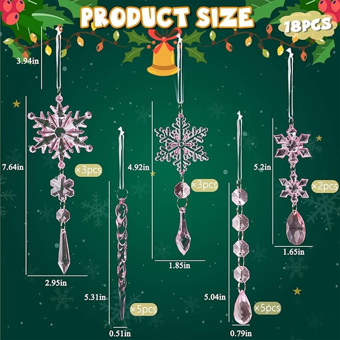 18pcs Crystal Christmas Ornaments for Christmas Tree Decorations-Light Pink Hanging Acrylic Snowflake and Icicle Ornaments with Drop Pendants for New Year Party Decorations Supplies
